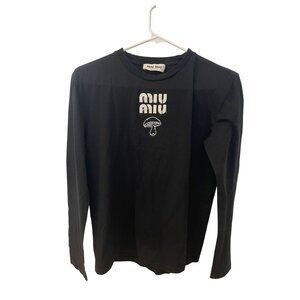 Miu Miu Black Long Sleeve Shirt With Embroidered Logo & Mushroom Graphic Size Me